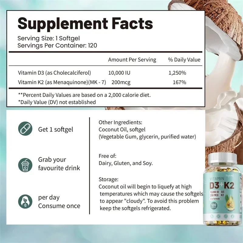 VITAMIN D3&K2 - Natural Ingredient Calcium, Bone, Teeth, Joint & Skin, Immune Support Supplement - 120 Capsules - Image 2